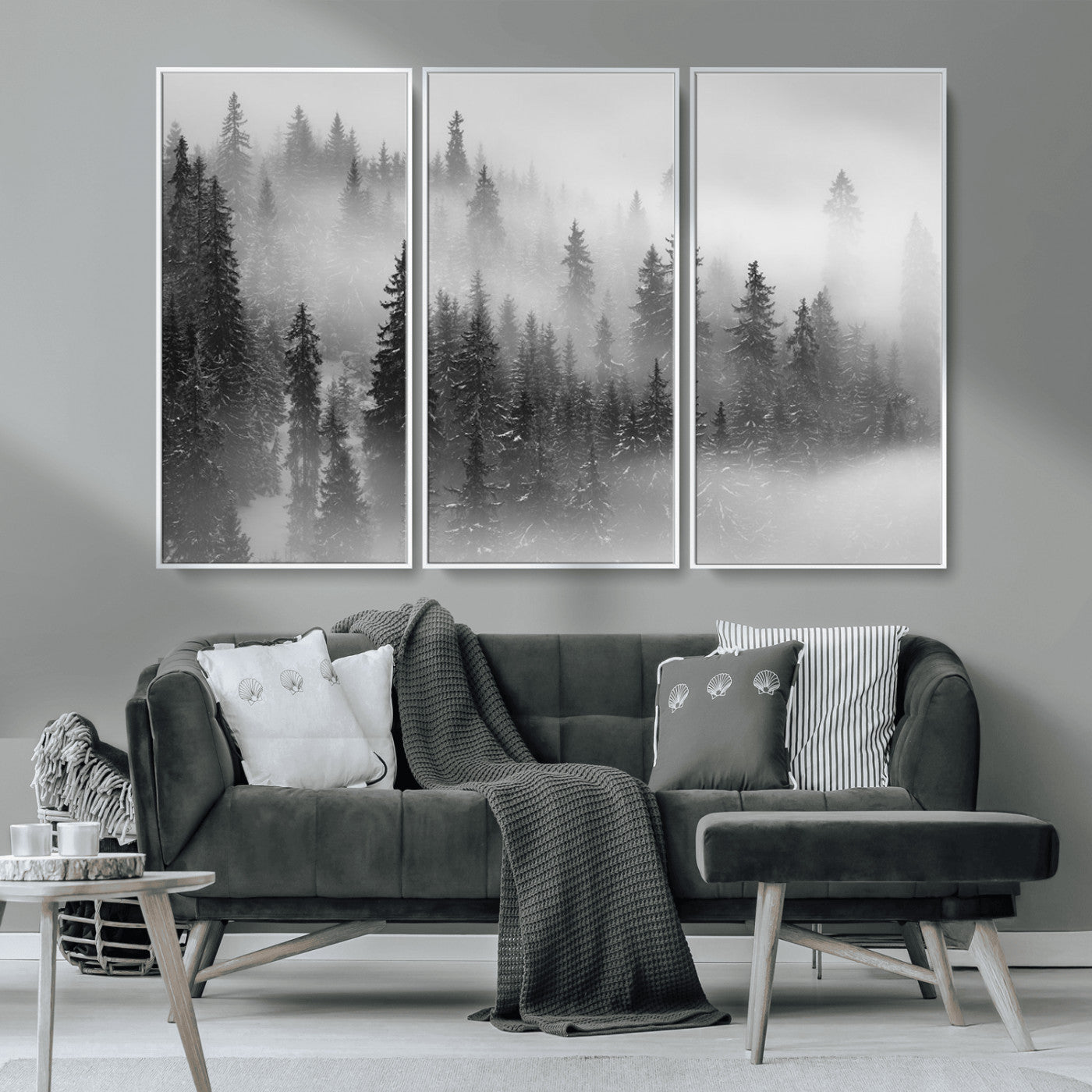 57235-MGV-CV-36X24-Misty Pine Forest Wall Art – Black and White Mountain Landscape Canvas Print, Nature Woodland Decor for Living Room, Bedroom or