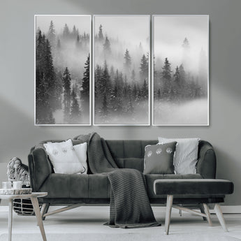 57235-MGV-CV-36X24-Misty Pine Forest Wall Art – Black and White Mountain Landscape Canvas Print, Nature Woodland Decor for Living Room, Bedroom or