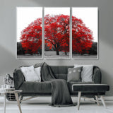 80021-MGV-CV-36X24-Red Tree Wall Art – Striking Black and White Landscape Canvas Print with Vibrant Red Leaves, Modern Nature Decor for Living Room