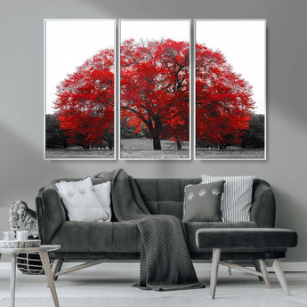 80021-MGV-CV-36X24-Red Tree Wall Art – Striking Black and White Landscape Canvas Print with Vibrant Red Leaves, Modern Nature Decor for Living Room