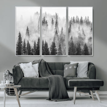 10422-MGV-CV-36X24-Misty Pine Forest Wall Art – Black and White Foggy Landscape Canvas Print, Serene Nature Woodland Decor for Bedroom, Office or