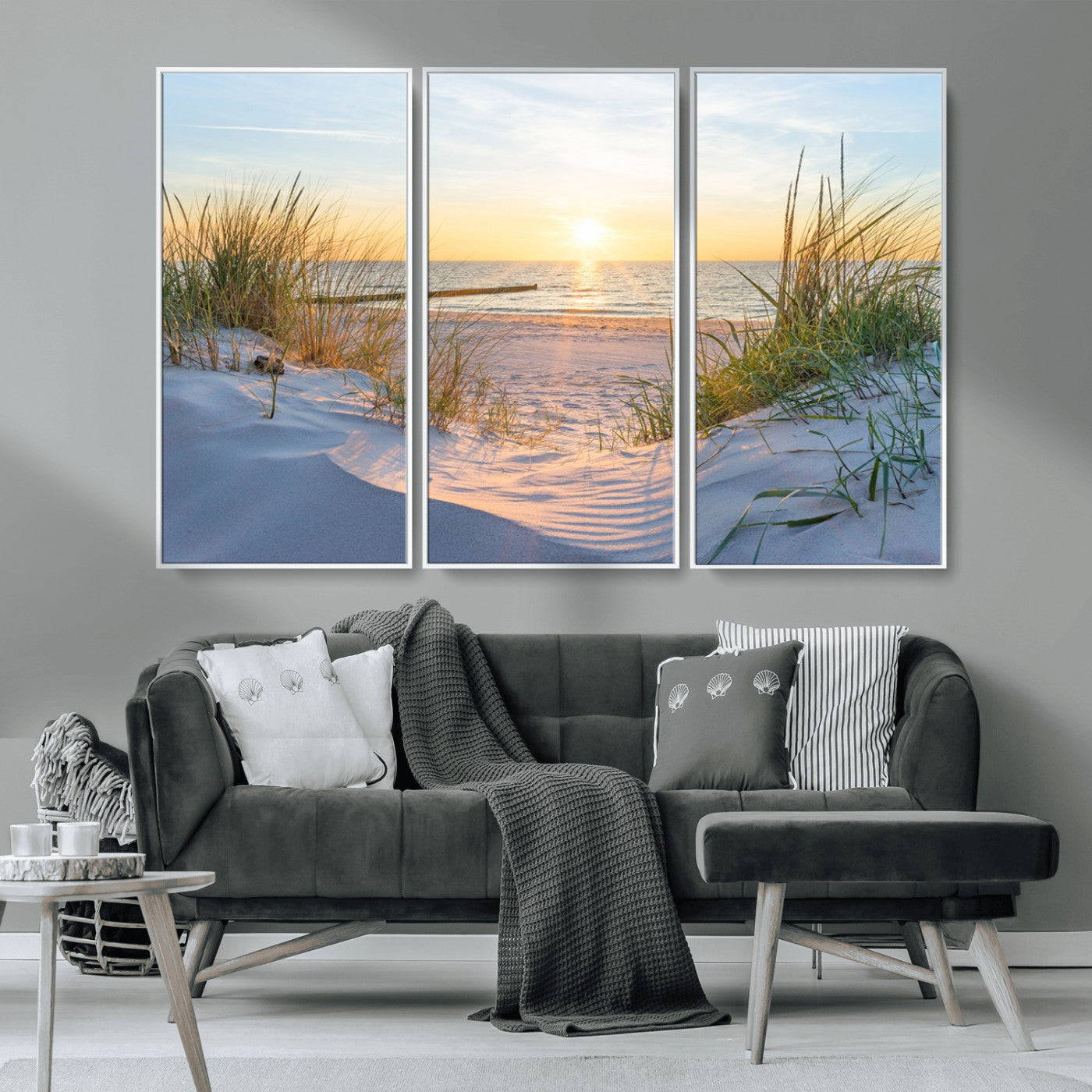 48907-MGV-CV-36X24-Beach Sunset Wall Art – Coastal Sand Dunes and Ocean View Canvas Print, Serene Seaside Landscape Painting for Living Room, Bedroom