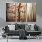 61855-MGV-CV-36X24-Misty Forest Wall Art – Red Tree with Autumn Leaves Canvas Print, Moody Woodland Nature Decor for Living Room, Bedroom, or Office