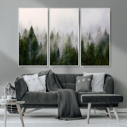 11436-MGV-CV-36X24-Misty Forest Wall Art – Tranquil Evergreen Tree Canvas Print with Foggy Landscape, Nature Inspired Artwork for Bedroom, Living