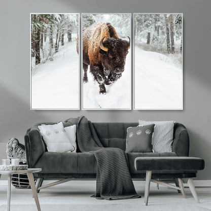 84699-MGV-CV-36X24-Bison in Winter Wall Art – Majestic Buffalo Canvas Print with Snowy Forest Landscape, Rustic Wildlife Artwork for Cabin, Living