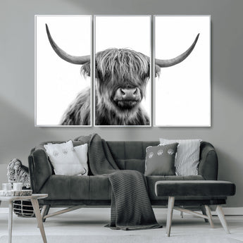10123-MGV-CV-36X24-Black and White Highland Cow Wall Art – Modern Farmhouse Animal Print, Rustic Scottish Bull Canvas Decor for Living Room, Bedroom,