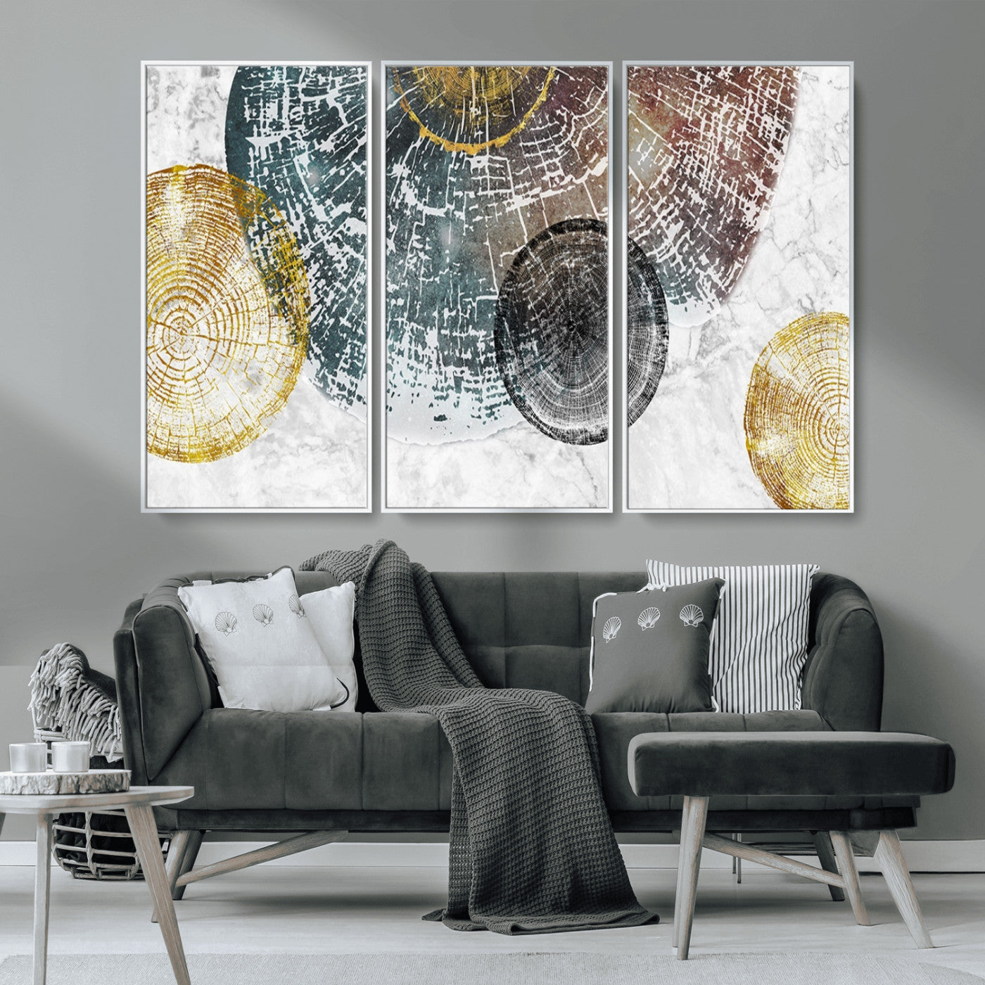 70653-MGV-CV-36X24-Abstract Tree Ring Wall Art – Modern Rustic Wood Slice Canvas Print with Gold Accents, Contemporary Nature Decor for Living Room,