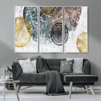 70653-MGV-CV-36X24-Abstract Tree Ring Wall Art – Modern Rustic Wood Slice Canvas Print with Gold Accents, Contemporary Nature Decor for Living Room,