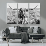77320-MGV-CV-36X24-Texas Longhorn Wall Art – Black and White Western Cattle Canvas Print, Rustic Farmhouse Animal Photography Decor for Living Room,