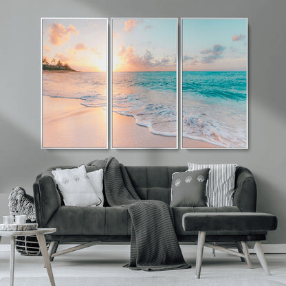 36554-MGV-CV-36X24-Tropical Beach Sunset Wall Art – Ocean Waves and Palm Canvas Print, Coastal Seascape Photography Decor for Living Room, Bedroom,