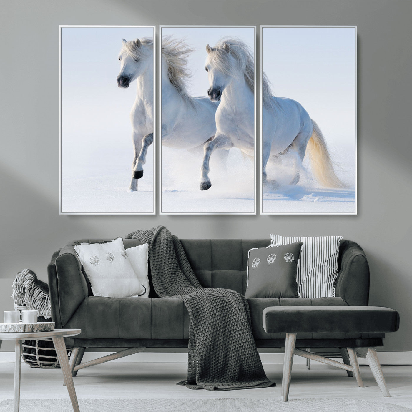 80145-MGV-CV-36X24-White Horses Running Snow Wall Art – Majestic Equine Canvas Print, Winter Nature Photography Decor for Living Room, Office,