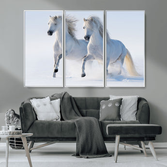 80145-MGV-CV-36X24-White Horses Running Snow Wall Art – Majestic Equine Canvas Print, Winter Nature Photography Decor for Living Room, Office,