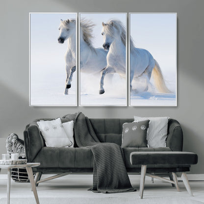 80145-MGV-CV-36X24-White Horses Running Snow Wall Art – Majestic Equine Canvas Print, Winter Nature Photography Decor for Living Room, Office,