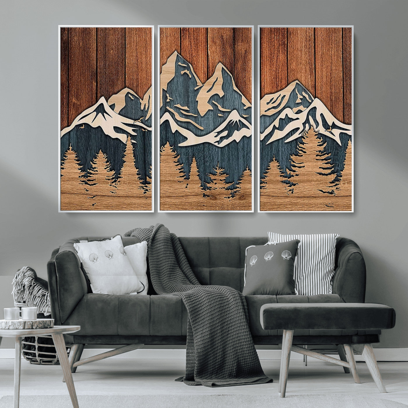 41330-MGV-CV-36X24-Rustic Mountain Wall Art – Wooden Nature Scene with Trees and Peaks, Handmade 3D Layered Decor for Living Room, Cabin or Office