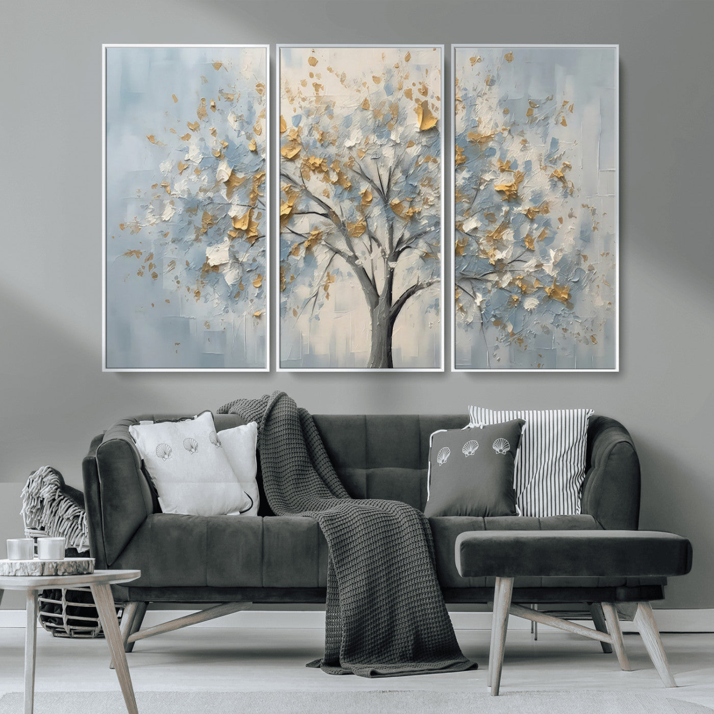 65811-MGV-CV-36X24-Abstract Tree Wall Art – Textured Canvas Painting with Gold and White Leaves, Modern Nature Inspired Decor for Living Room or