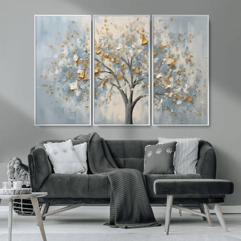 65811-MGV-CV-36X24-Abstract Tree Wall Art – Textured Canvas Painting with Gold and White Leaves, Modern Nature Inspired Decor for Living Room or