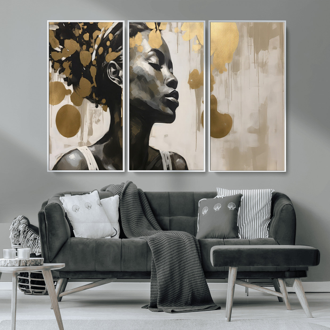 65669-MGV-CV-36X24-Elegant Black Woman Wall Art – Modern Abstract Portrait Canvas with Gold Accents, Contemporary Afrocentric Decor for Living Room