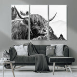 61570-MGV-CV-36X24-Highland Cow Wall Art – Black and White Scottish Bull Canvas Print, Rustic Farmhouse Animal Decor for Living Room, Bedroom, or