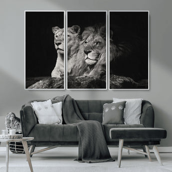 80013-MGV-CV-36X24-Lion and Lioness Wall Art – Black and White Wildlife Photography Canvas Print, African Safari Animal Decor for Office, Bedroom, or