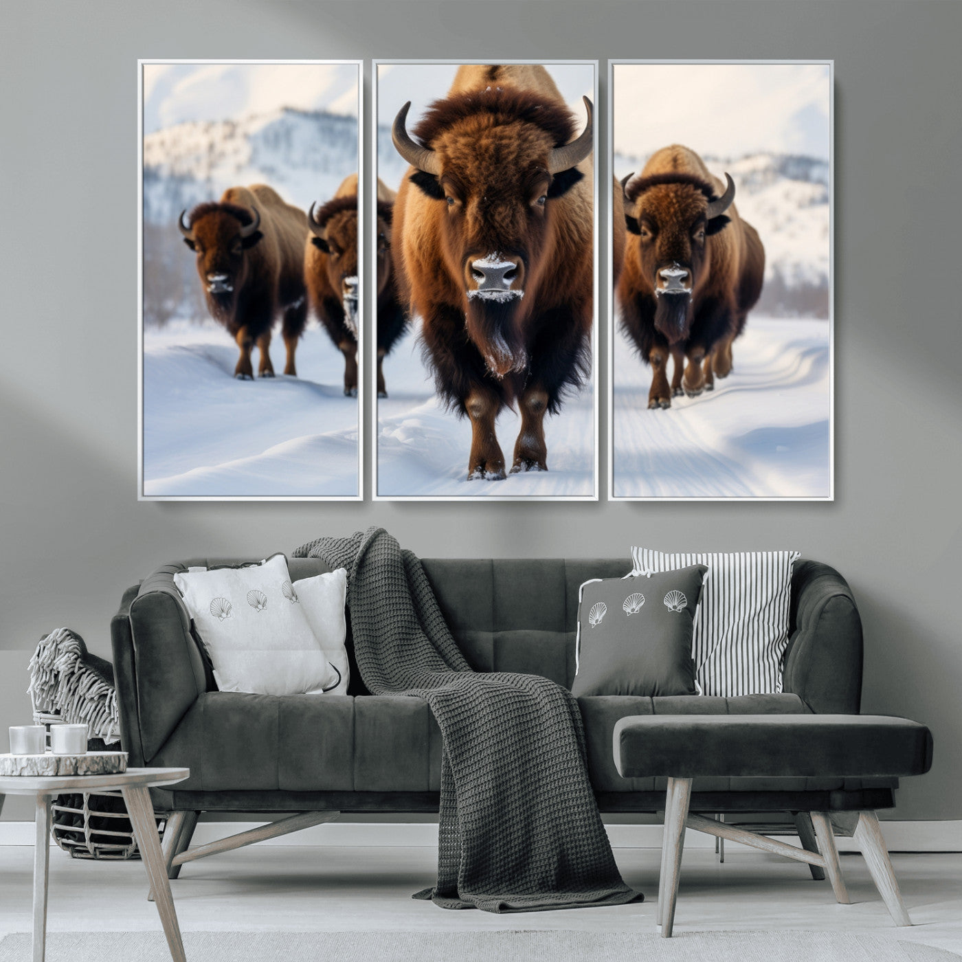 56701-MGV-FC-48X32-3P_White-Bison Herd Wall Art – Buffalo Walking in Snowy Mountains Canvas Print, Rustic Wildlife Decor for Cabin, Lodge, or Living Room