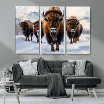 56701-MGV-FC-48X32-3P_White-Bison Herd Wall Art – Buffalo Walking in Snowy Mountains Canvas Print, Rustic Wildlife Decor for Cabin, Lodge, or Living Room