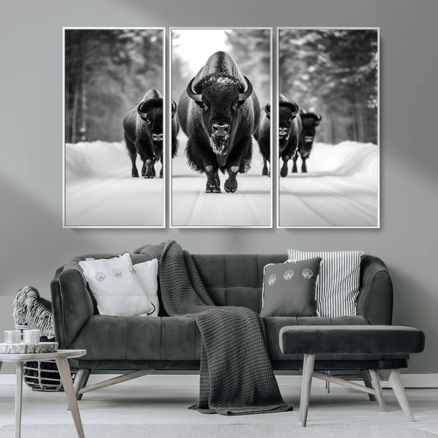 45287-MGV-CV-36X24-Bison Herd Wall Art – Black and White Buffalo Snow Road Canvas Print, Rustic Wildlife Decor for Cabin, Lodge or Living Room