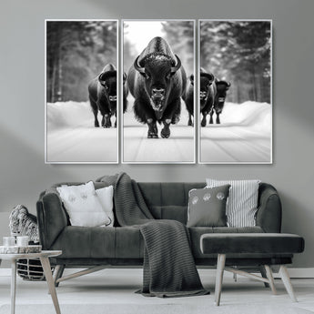 45287-MGV-CV-36X24-Bison Herd Wall Art – Black and White Buffalo Snow Road Canvas Print, Rustic Wildlife Decor for Cabin, Lodge or Living Room