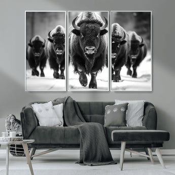 79872-MGV-CV-36X24-Bison Herd Wall Art – Black and White Buffalo on Snow Canvas Print, Rustic Wildlife Decor for Lodge, Cabin, or Living Room