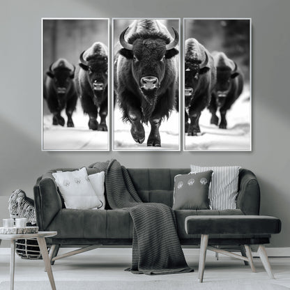 79872-MGV-CV-36X24-Bison Herd Wall Art – Black and White Buffalo on Snow Canvas Print, Rustic Wildlife Decor for Lodge, Cabin, or Living Room