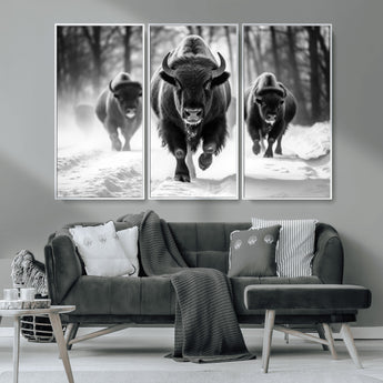 97552-MGV-CV-36X24-Black and White Bison Wall Art – Buffalo Herd Running in Snow Canvas Print, Rustic Wildlife Photography Decor for Cabin, Lodge, or