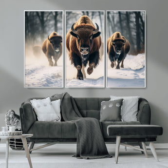 56549-MGV-FC-48X32-3P_White-Wild Bison Wall Art – Majestic Buffalo Herd Running in Snow Canvas Print, Rustic Wildlife Photography Decor for Cabin, Lodge, or