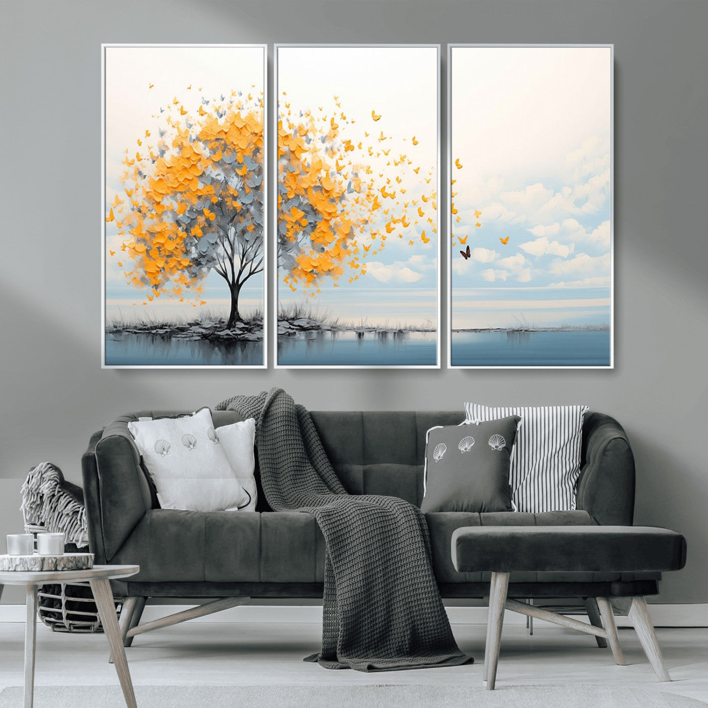 23385-MGV-CV-36X24-Golden Butterfly Tree Wall Art – Abstract Yellow and Gray Canvas Print, Modern Nature Artwork for Living Room, Bedroom or Office