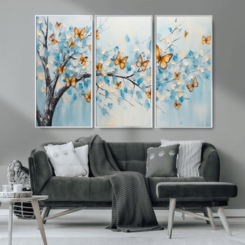 59455-MGV-CV-36X24-Butterfly Tree Branch Wall Art – Blue and Yellow Abstract Canvas Print, Modern Nature Artwork for Living Room, Bedroom or Office
