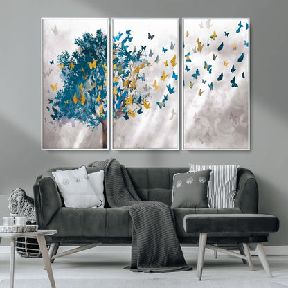 37564-MGV-CV-36X24-Butterfly Tree Wall Art – Modern Nature Canvas Print with Blue and Golden Butterflies, Elegant Decorative Painting for Living Room