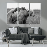 76338-MGV-CV-36X24-Mother Bear and Cub Wall Art – Black and White Wildlife Canvas Print, Rustic Nature Photography for Cabin, Living Room or Office