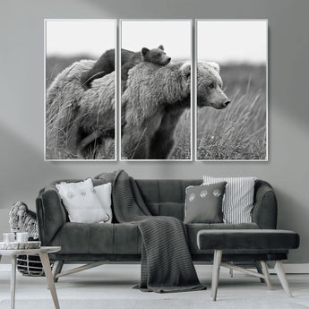76338-MGV-CV-36X24-Mother Bear and Cub Wall Art – Black and White Wildlife Canvas Print, Rustic Nature Photography for Cabin, Living Room or Office