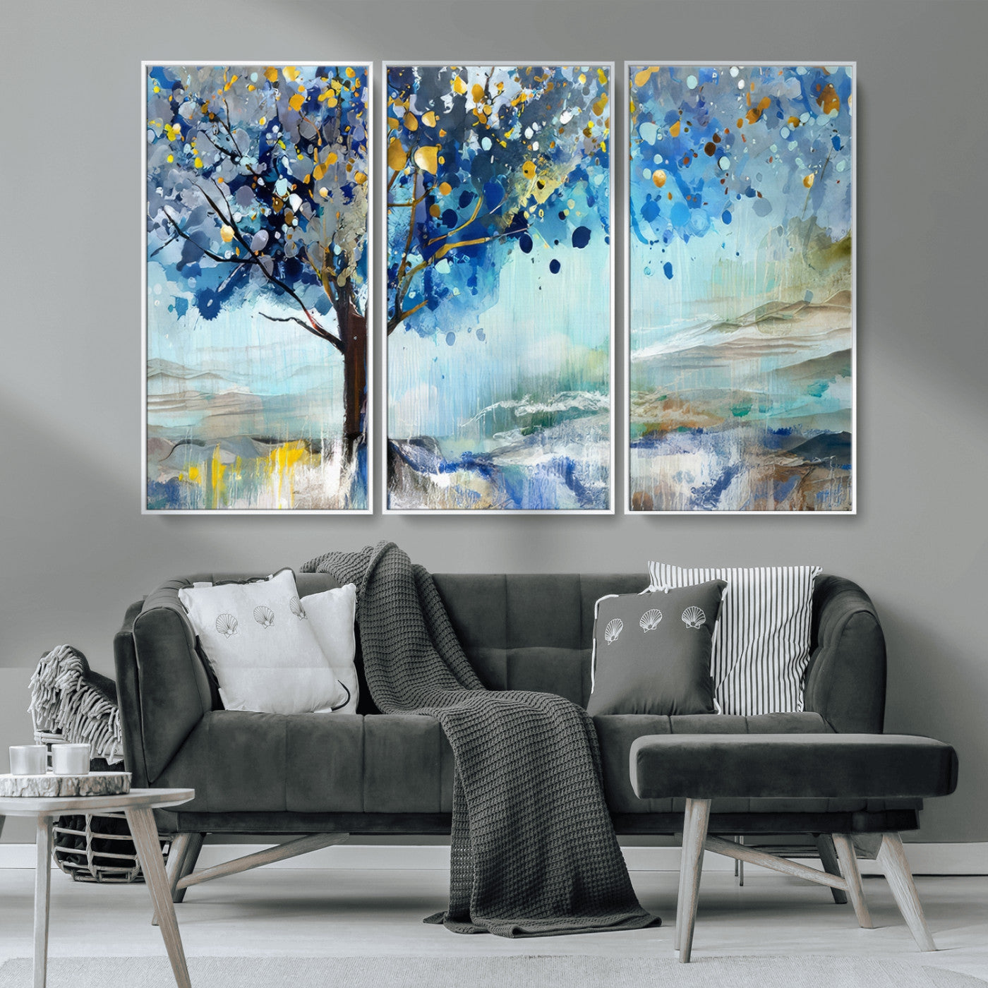 17018-MGV-CV-36X24-Abstract Blue Tree Wall Art – Colorful Canvas Painting with Gold and Silver Accents, Modern Nature Artwork for Living Room,