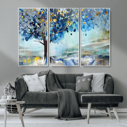 17018-MGV-CV-36X24-Abstract Blue Tree Wall Art – Colorful Canvas Painting with Gold and Silver Accents, Modern Nature Artwork for Living Room,