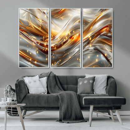Lines1-MGV-CV-36X24-Abstract Metallic Wall Art – Silver and Gold Wave Canvas Print with Sparkling Accents, Modern Luxury Decor for Living Room, Office