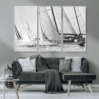 Boat-1-MGV-CV-36X24-Sailboat Racing Wall Art – Nautical Black and White Canvas Print, Ocean Adventure Decor for Office, Living Room or Bedroom