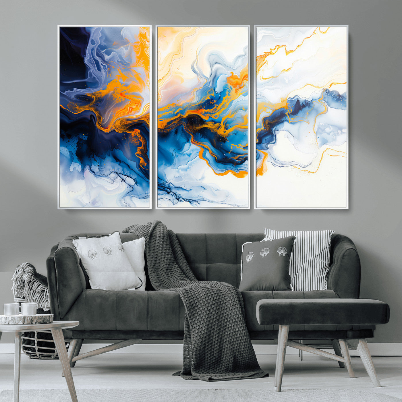 83720-MGV-CV-36X24-Abstract Fluid Wall Art – Blue, White and Gold Swirl Canvas Painting, Modern Contemporary Artwork for Living Room, Bedroom or