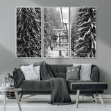 19240-MGV-CV-36X24-Ski Lift Wall Art – Black and White Winter Mountain Canvas Print, Snowy Forest Ski Resort Photography for Cabin, Lodge, Office or