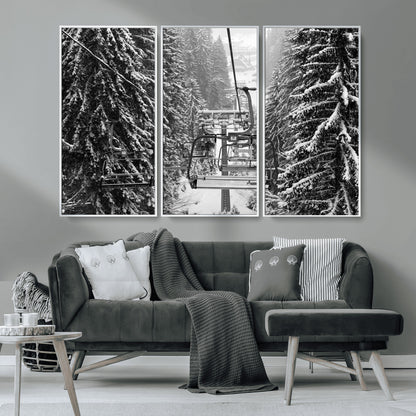 19240-MGV-CV-36X24-Ski Lift Wall Art – Black and White Winter Mountain Canvas Print, Snowy Forest Ski Resort Photography for Cabin, Lodge, Office or
