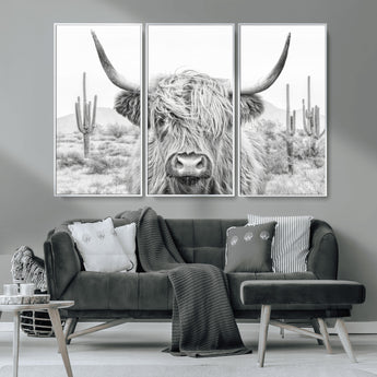 94579-MGV-CV-36X24-Highland Cow Wall Art – Black and White Longhorn Canvas Print, Rustic Western Farmhouse Animal Photography for Living Room,