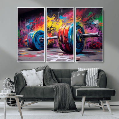 13549-MGV-CV-36X24-Graffiti Gym Wall Art Canvas Print, Framed Graffiti Barbell Art Picture Print, Weightlifting Perfect Fitness Studio Decor Artwork