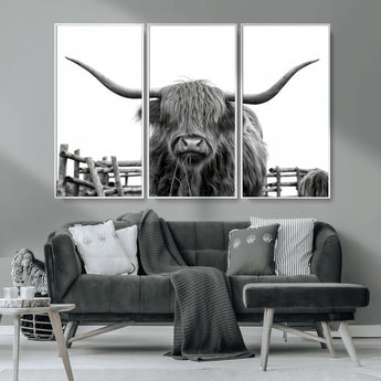 58188-MGV-CV-36X24-Highland Cow Wall Art – Black and White Rustic Farmhouse Canvas Print, Longhorn Cattle Photography Decor for Living Room or