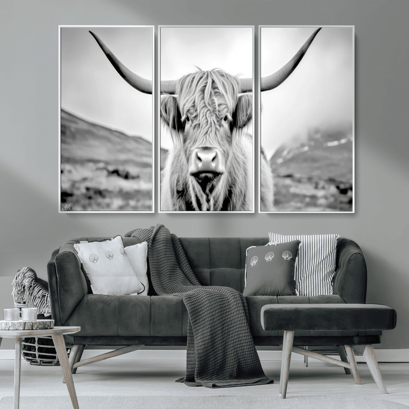 80564-MGV-CV-36X24-Highland Cow Wall Art – Black and White Scottish Highland Canvas Print, Rustic Farmhouse Decor for Living Room, Bedroom or Office