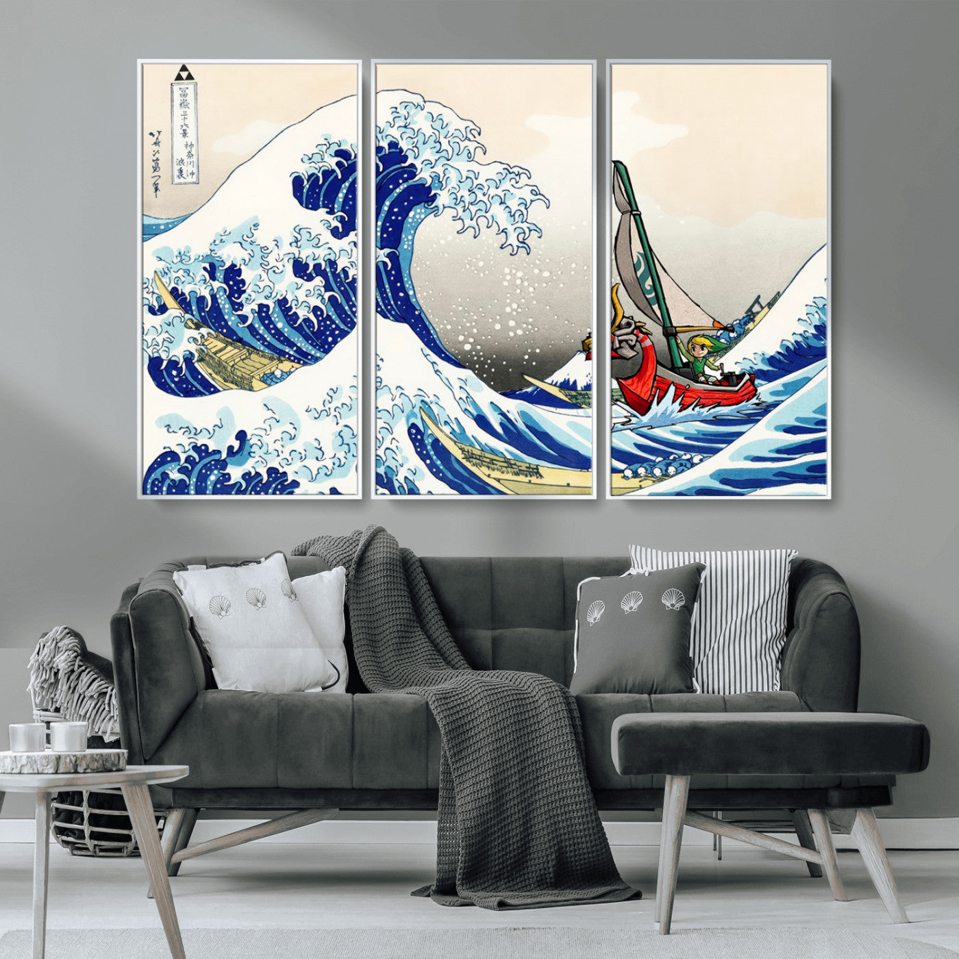 19450-MGV-FC-48X32-3P_White-Great Wave Adventure Wall Art – Japanese Style Ocean Canvas Print, Fantasy Sailing Decor for Living Room, Bedroom or Office