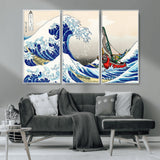 19450-MGV-FC-48X32-3P_White-Great Wave Adventure Wall Art – Japanese Style Ocean Canvas Print, Fantasy Sailing Decor for Living Room, Bedroom or Office