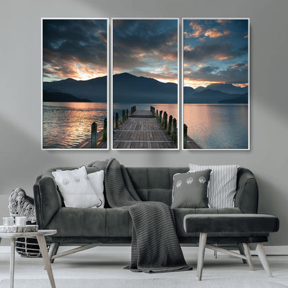 20442-MGV-CV-36X24-Lakeside Sunset Dock Wall Art – Peaceful Mountain Lake Canvas Print, Serene Nature Landscape Decor for Living Room, Bedroom or